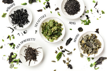 Dry seaweed, sea vegetables, with their names, shot from above on a white background © laplateresca