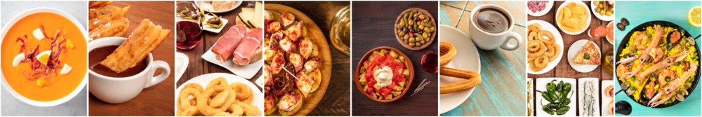 Spanish Cuisine food Collage. A panorama of various dishes, paella, tapas, etc, a restaurant menu...