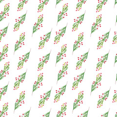 Watercolor seamless holiday pattern with different leaves, holly and berries. Christmas repeated vintage background.