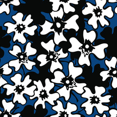 hand-drawn white flowers on a seamless blue-black background for use in design, textiles, wallpaper, wrapping paper, stationery