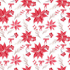 Watercolor seamless holiday pattern with different leaves, holly and berries. Christmas repeated vintage background.