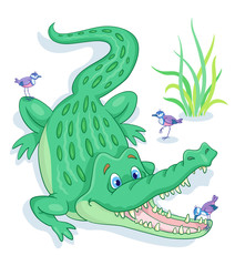 A large green crocodile and three small birds. One of the birds is brushing a crocodile’s teeth. In cartoon style. Isolated on white background.