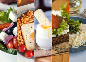 Collage from photos of different european food. Greek salad, English breakfast, scrambled eggs, sandwich, pesto pasta.