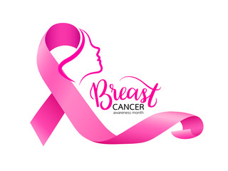 Woman face in pink ribbon. Breast Cancer Awareness Month Campaign. Icon design for poster, banner, t-shirt. Illustration isolated on white background.