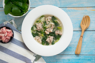 Vegetable gourd soup with minced pork with ingredients