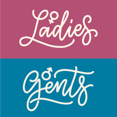 Ladies and Gents, men and women toilet signs - hand lettering patches, icons. Vector