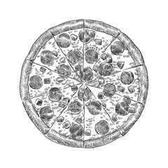 Italian pizza pepperoni sausages circle pieces hand drawn scetch vector