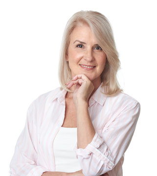 Portrait of happy aged woman over white background