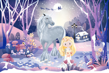 Fototapety  Fantasy landscape of magic forest with fairytale cottage,little princess,cuteunicorn and Santa Claus sleigh Reindeers flying over full moon in Christmas night,illustration cartoon Winter wonderland