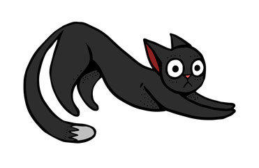 The black cat stretches. Cartoon illustration.