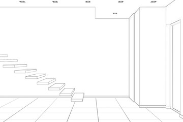 3d illustration. Sketch of the entrance hall in the apartment with stairs and wardrobe. Front view