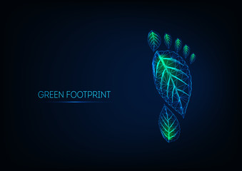Futuristic glowing low poly human footprint made of green leaves isolated on dark blue background