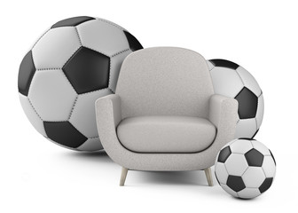 Armchair and nearby soccer balls big and small. The main place of the fan - male den.