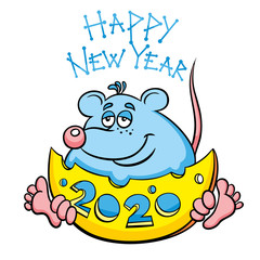 Funny christmas rat with a piece of cheese in his hands. The rat gnawed the 2020 text in cheese. Year of the rat. Happy new year text.