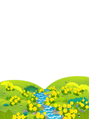 cartoon scene with summer meadow and white background with space for text - illustration for children