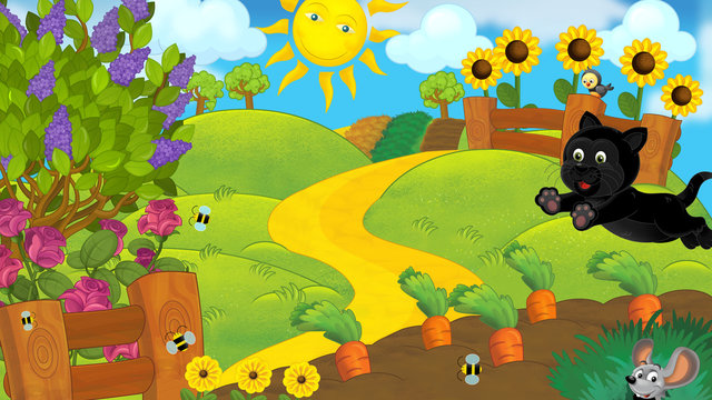 Cartoon scene of a farm and happy black cat - illustration for children