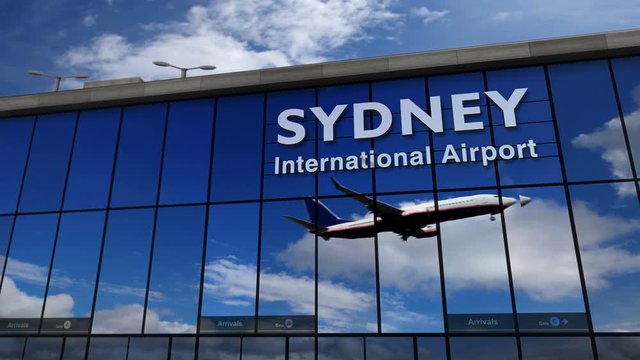 Rendered 3d animation with jet aircraft landing at Sydney, Australia. Arrival in the city with the glass airport terminal and the reflection of the plane. Travel, business, tourism and transport.