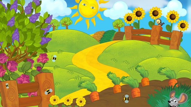 Cartoon scene of sunny farm by day - illustration for children