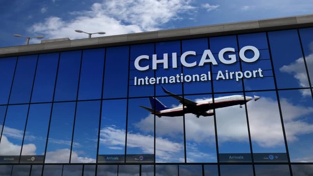Rendered 3d animation with jet aircraft landing at Chicago, Illinois, USA. Arrival in the city with the glass airport terminal and the reflection of the plane. Travel, business, tourism and transport.