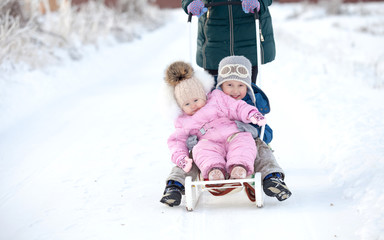 Two children go on a winter walk