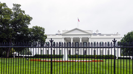 The east side of the White House with fountain, iron fence and red flowers in the foreground. -...