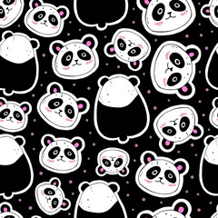 Childish funny seamless pattern. vector with cute cartoon pandas, decorative elements on a dark background. hand drawing. design for textile, fabric, print