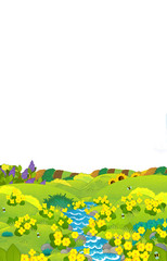 cartoon scene with summer meadow and white background with space for text - illustration for children