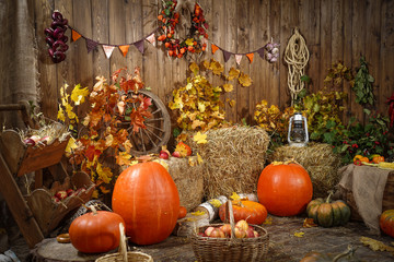 decoration autumn hay pumpkins and autumn gifts