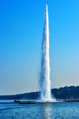 Jet d'Eau water fountain on Leman lake, beautiful attraction and symbol of Geneva , Switzerland