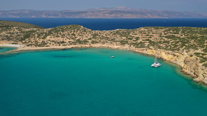 Aerial drone photo of turquoise paradise beach of Detis in Kato Koufonisi island, Small Cyclades, Greece