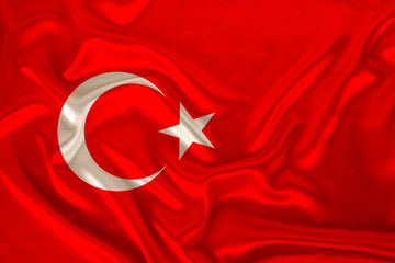 photo of the national flag of the state of Turkey on a luxurious texture of satin, silk with waves, folds and highlights, close-up, copy space, illustration