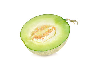 half cut ripe melon with stem on white backround