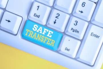 Writing note showing Safe Transfer. Business concept for Wire Transfers electronically Not paper based Transaction White pc keyboard with note paper above the white background