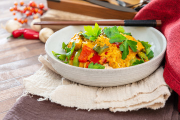 Tikka massala chicken basmati rice and crunchy vegetables