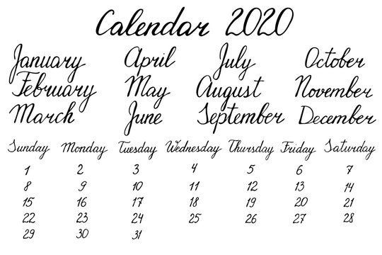 Calendar 2020 writing handwritten text vector 