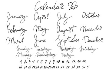 Naklejka premium Calendar 2020 handwritten text vector.
