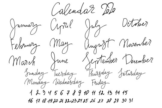 Calendar 2020 handwritten text vector.