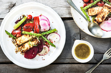 Seared Halloumi with Asparagus and Pepper on Quinoa Salad