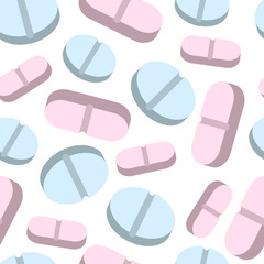 Vector seamless pattern of blue and pink pills on white background