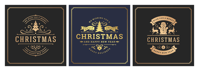 Christmas square banners vintage typographic design, ornate decorations symbols vector illustration
