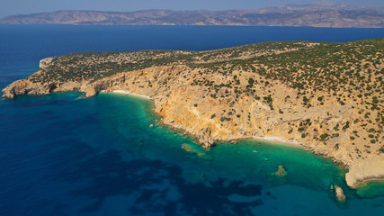 Aerial drone photo of Ganoupas and Leonidas paradise beaches with beautiful emerald and turquoise sea and small volcanic bays, Kato Koufonisi, Small Cyclades, Greece