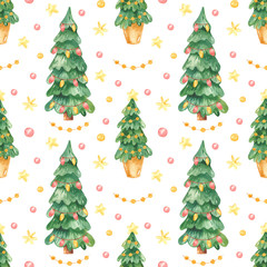 Watercolor Christmas seamless pattern with Christmas trees and garlands