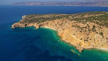 Fototapeta na wymiar Aerial drone photo of Ganoupas and Leonidas paradise beaches with beautiful emerald and turquoise sea and small volcanic bays, Kato Koufonisi, Small Cyclades, Greece