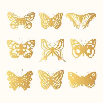 Set of golden ornate butterflies silhouettes. Cute insect icons, gold winged gorgeous wedding monarch. Vector isolated illustration.