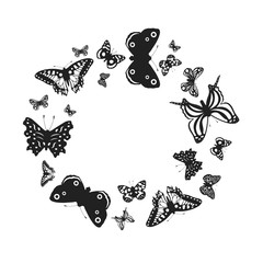 Cute butterflies frame. Vector isolated illustration of gorgeous butterfly wreath for wedding decoration. Exotic monarch border.