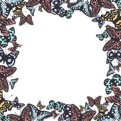 Cute gorgeous butterflies wedding decoration frame. Colorful monarch exotic border. Vector isolated illustration.