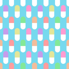 Vector seamless pattern of colourfull pills on sky blue background