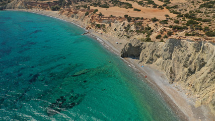Aerial drone photo of turquoise paradise beach of Nero in Kato Koufonisi island, Small Cyclades, Greece