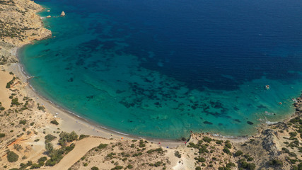 Fototapeta na wymiar Aerial drone photo of turquoise paradise beach of Nero in Kato Koufonisi island, Small Cyclades, Greece