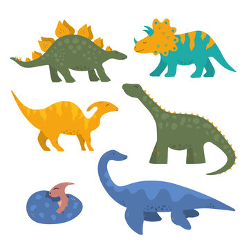 Cute funny colorful dinosaur collection for kids with baby pterodactyl in the egg. Vector isolated dino stickers for prints.